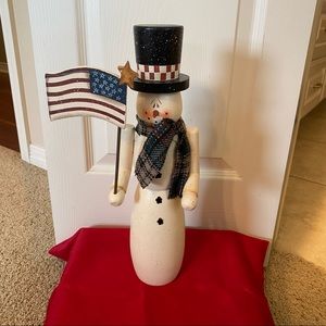 Nutcracker Wooden Snowman Red White and Blue Flag